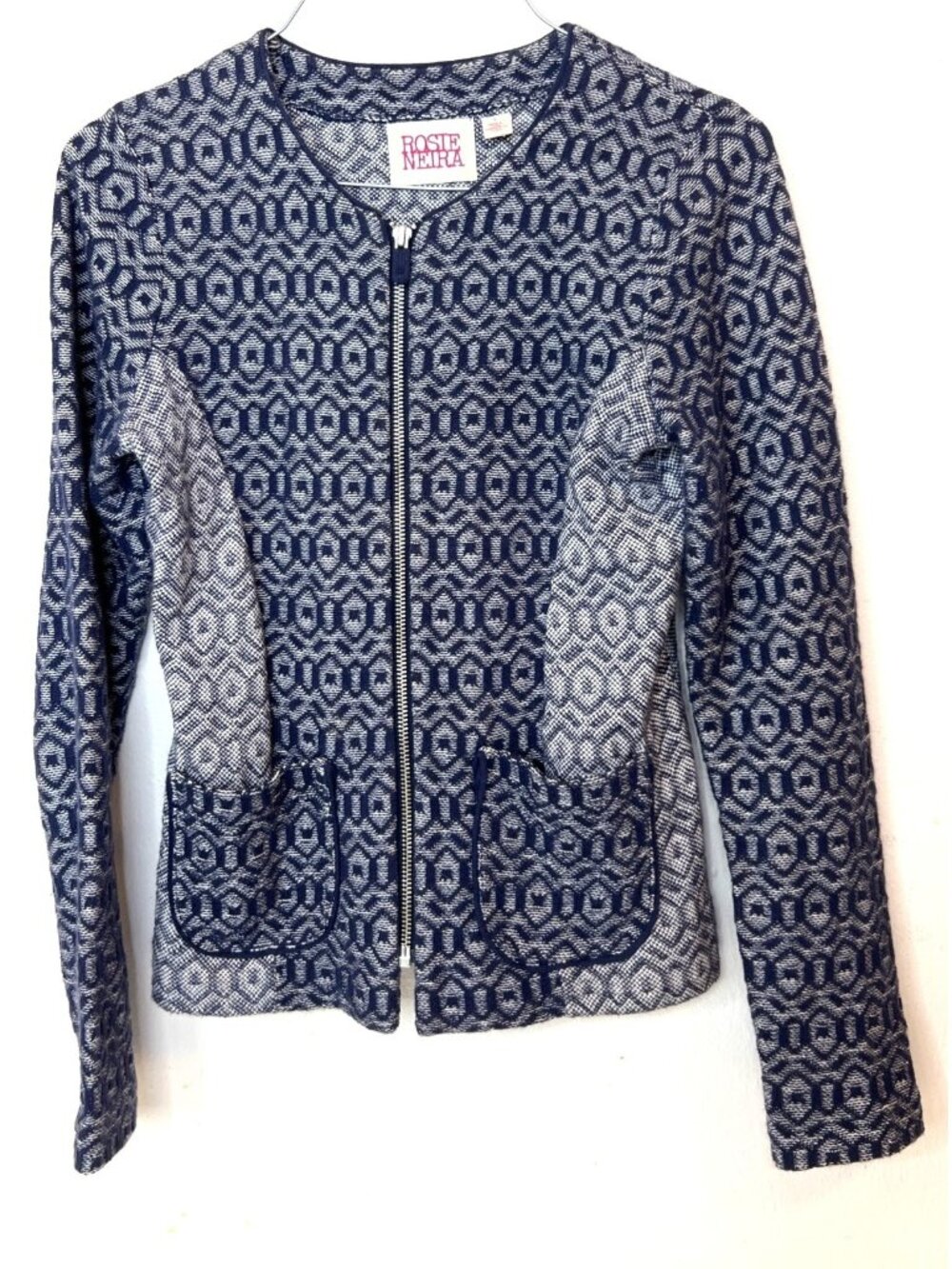 Rosie Neira Anthropologie Geo-Diamond Full Zip Knit Jacket S Blue Womans Small